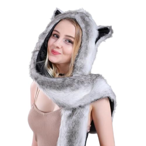 Faux Fur Animal Hat 3 in 1 Novelty Hood Earflap Cap Scarf Mitten Hoodie with Paw Pocket Plush Beanie Party Costume4