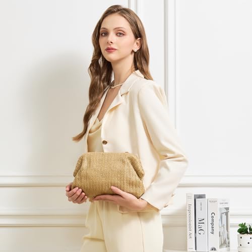 Image of Huralona Women Straw Woven Clutch Purse Pleated Handbag for Summer Beach Vacation Straw Shoulder Crossbody Bag
