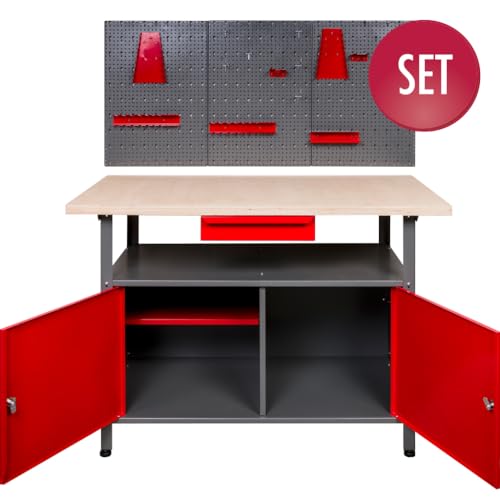 Kreher XL Werkstatt 3tlg. Werkbank 120 x 60 x 85 cm mit abschließbaren Türen, Schublade, Boden und einer Werkzeugwand mit umfassendem Haken Sortiment aus Metall. - 2