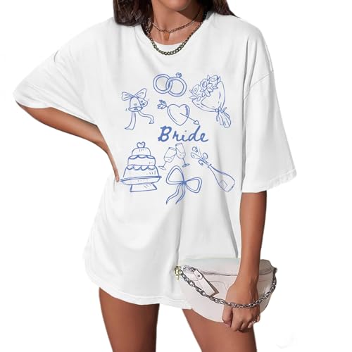 Migxsaf Bride Shirt Bachelorette Bridesmaid Brida Party Shirts Oversized Mrs Engaged Wedding Tshirts Graphic Tees Casual Tops(White-b L)