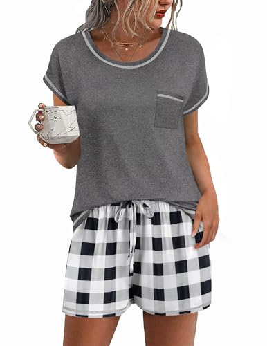 Image of Ekouaer Womens Pajama Sets 2 Piece Soft Short Sleeve Top and Shorts Sleepwear Round Neck Pjs Lounge Set with Pockets