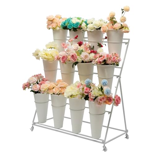 Moforchory flower bar stand, flower display stand with 12 buckets, 3 Layers Flower Cart White Metal Flower Bar Stand with Wheels, Moving Florist Bouquet Shelf for Indoor Outdoor Patio Garden Weddings Florist Living Room
