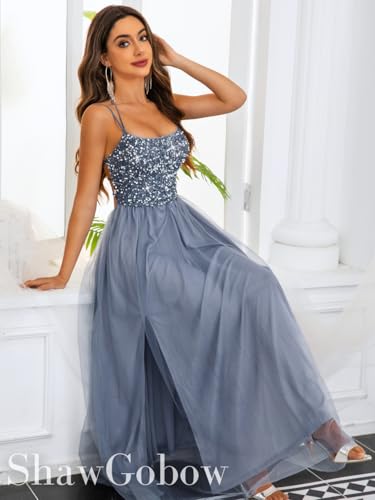 Image of ShawGobow Tulle Prom Dress with Slit,Sequin Backless Long Flowy Dresses for Women,Sexy Sparkly Outfits Homecoming Wedding