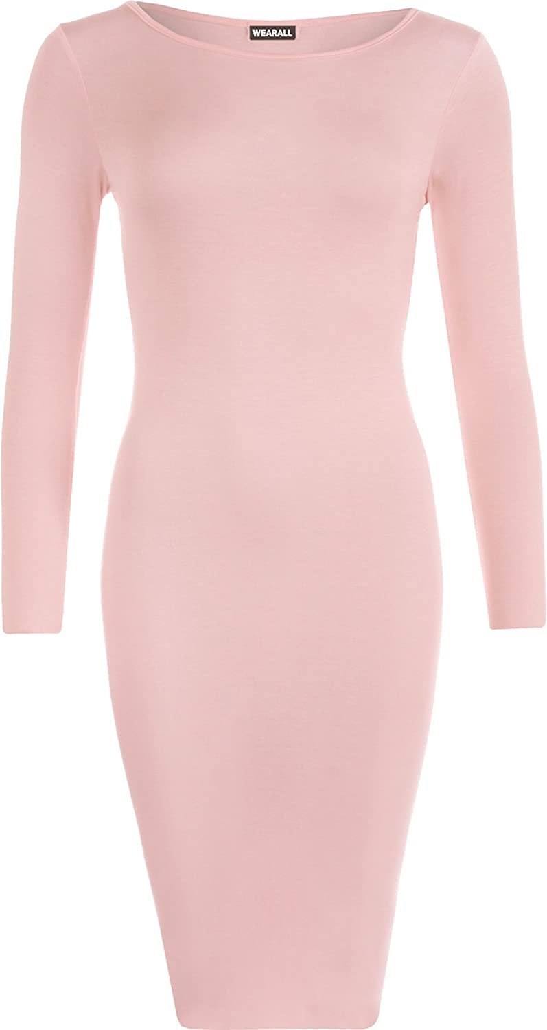 WearAll Womens Plus Size Plain Long Sleeve Bodycon Ladies Stretch Midi Dress - Pink - 20-22