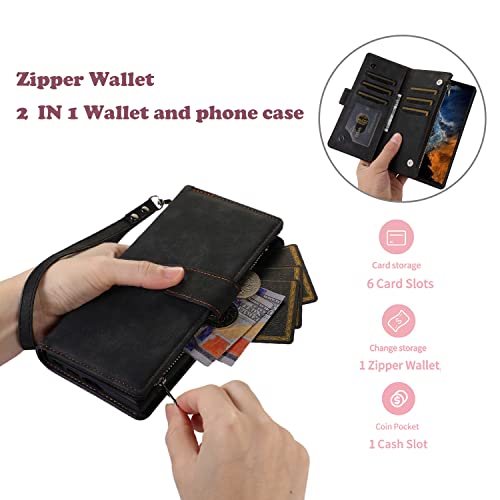 Samsung S23 Wallet case, Samsung S23 Flip Leather Credit Card Slots Zipper Pocket [Magnetic Closure] [Wrist Strap] [Stand] RFID Blocking Wallet Cards Holder for Man Woman Gift (Black)4