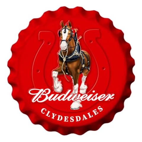 Desperate Enterprises Bud Clydesdale Bottle Cap Sign - Garage Signs - Beer Signs - Vintage Metal Signs - Budweiser Bottle Cap Sign - Made in the USA - 18" Round Cover
