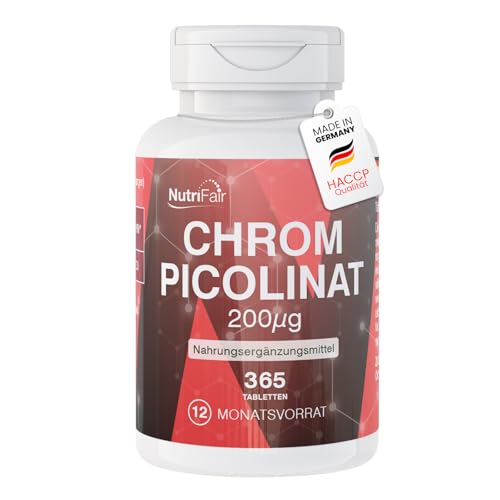 Picolinato de cromo 200μg - 365 comprimidos - *Niveles normales de azúcar en sangre - Alta dosis - 100% vegano - Producción y control de laboratorio en Alemania - NutriFair | Premium & Fair