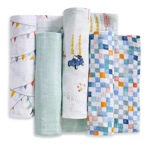 Image of aden + anais Essentials Cotton Muslin Swaddles, Breathable Baby Blanket, Ideal for Boys, Girls, Newborns, Babies & Infants, Receiving Blanket, Soft and Lightweight Wrap, 4 Pack, Vintage Car Rally