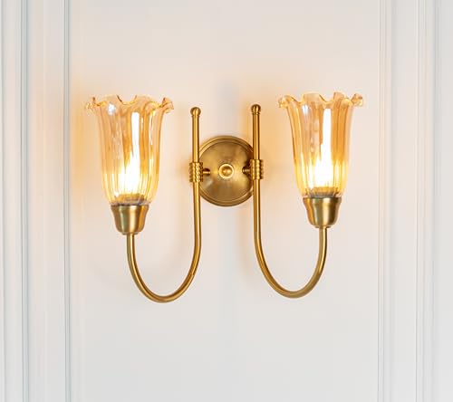 Image of Divine Trends Double Hockey Wall Lamp Antique Brass Finish with Fluted Flower Golden Glass for Living Room, Bedroom, Home Decoration Wall Light - Pack of 1