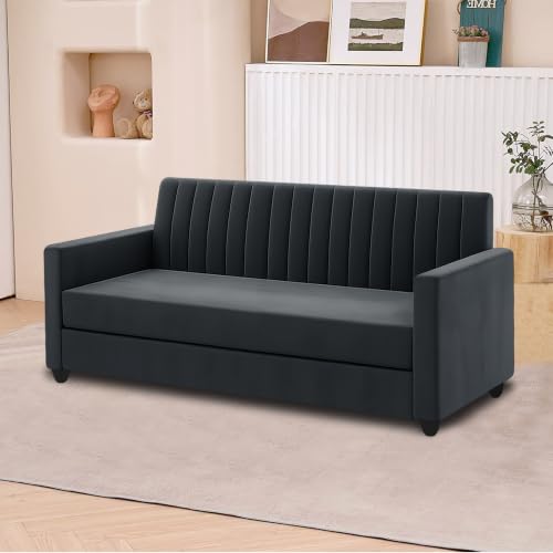 Image of 3+2 Fabric Sofa Set with Ottoman for Living Room | Modern Upholstered 5-Seater Couch | Soft Cushion, Premium Velvet Fabric-Black