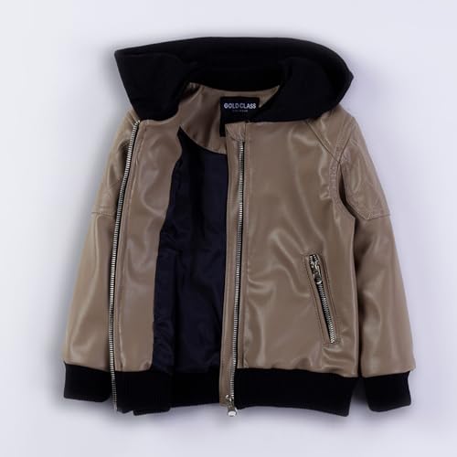 Image of Gold Class Kidswear Boys Leather Jacket with Hoodie, Faux Leather Jacket for Kids, Zipper Closure Boys Leather Jacket