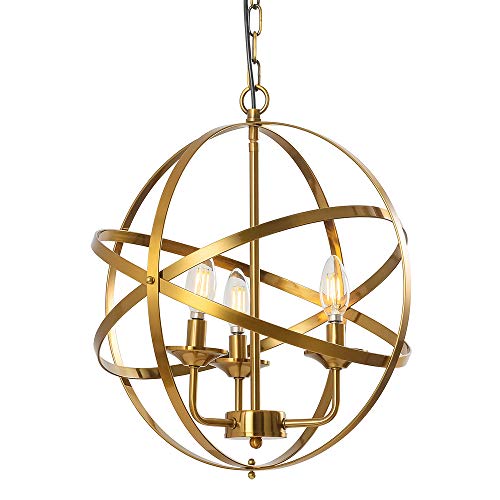 Popity home Rustic Industrial 3 Light Chandelier Hollow Out Metal Spherical Shade Brushed Gold Pendant Light, Hanging Pendant Lighting Fixture for Kitchen Island Dining Room Foyer Entryway