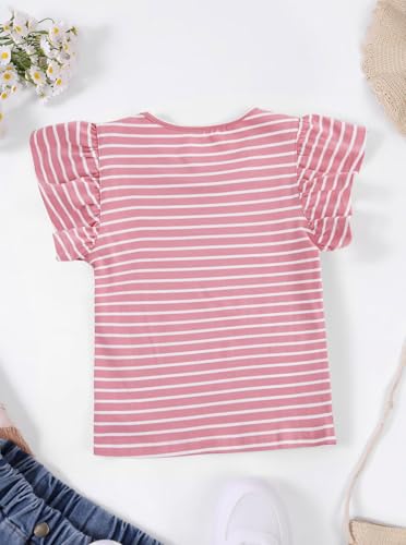 Image of Girls Striped Shirt Flutter Sleeve Top Crewneck Cute Summer T Shirts Casual Tees Pink Stripe 11-12Y