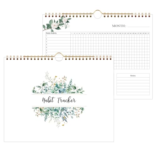 Habit Tracker Calendar - 12 Months Undated Daily Planner, 8"x10", Weekly & Monthly Period Habit Tracker Journal, Floral, Spiral Binding with Writable Goals Habits Track