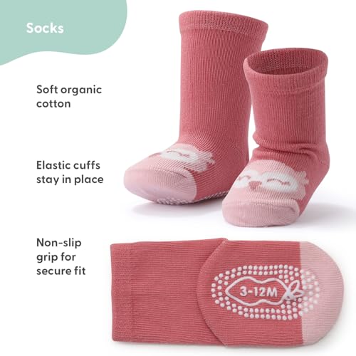 The Peanutshell Organic Baby Girl Socks 0-24 Months Set of 12 - Non-Slip Grip, Soft Cotton Newborn & Toddler Socks - Blush2