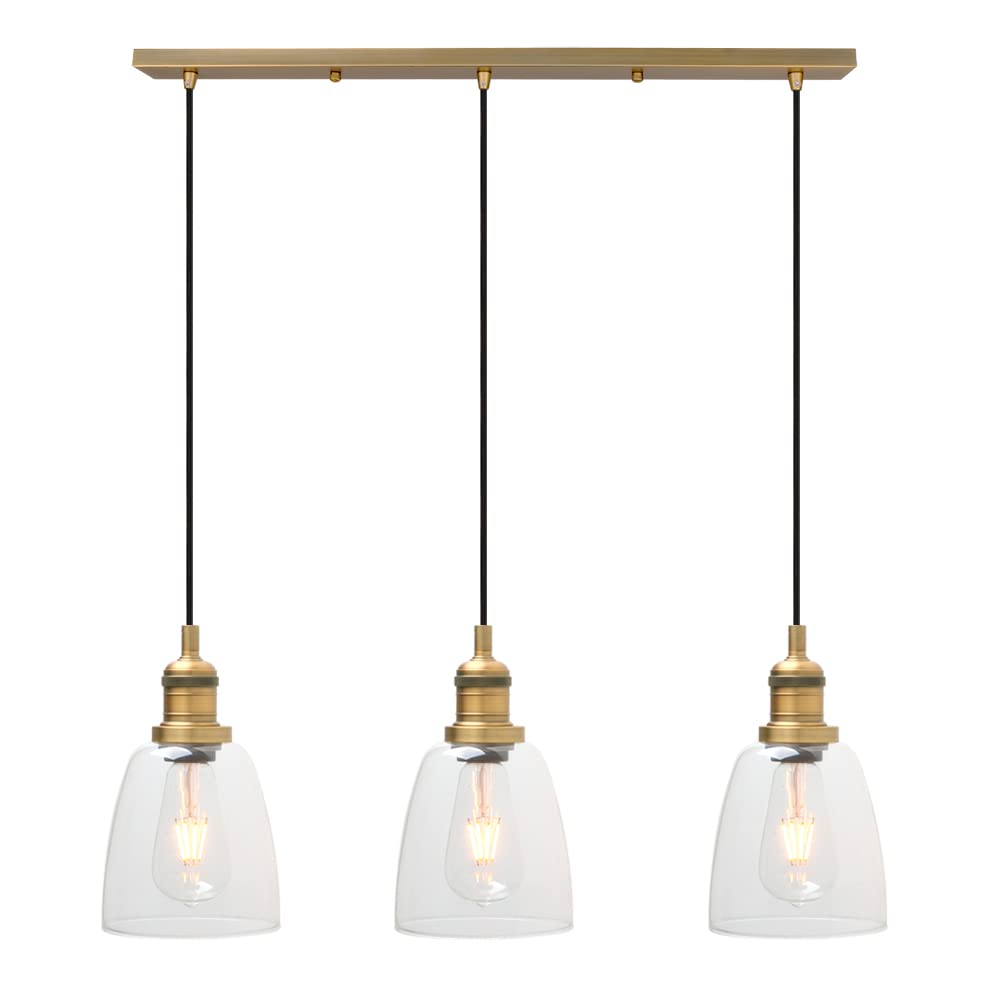 Phansthy Retro 3 Head Chandelier Pendant Light with 2m Adjustable Hanging Cord Bell Glass Shade Ceiling 3 Light Modern Hanging Lamps for Kitchen Bar Bedroom Living Room Dining Room (Antique Brass)