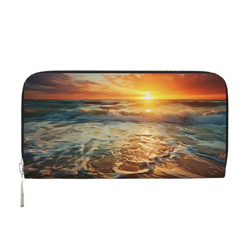 Leather Wallet for Women Long Purse Ocean Sunrise Womens Wallet Clutch with 8 Credit Card Holder Coin Pocket