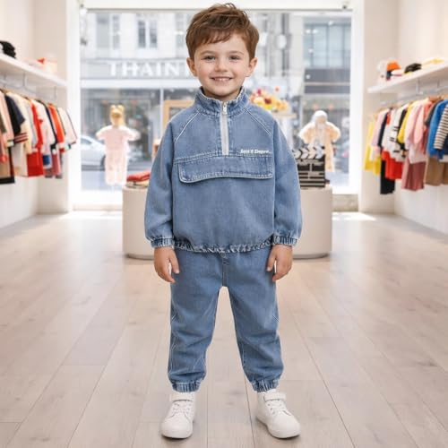 Image of Bold N Elegant Boys Denim Sweatshirt and Jogger Pants, Half-Zip Two-Piece Denim Coord Set for Infant Toddler Teedler Kids
