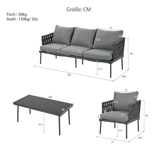 Gartenmöbel Set, Balkon Möbel Set mit Bequemen Kissen, Lounge Möbel Outdoor, Terassenmöbel mit 3er Sofa, 2 Sessel und Couchtisch, Glastischplatte, Geflochtene Seilarmlehnen, Grau – Bild 3