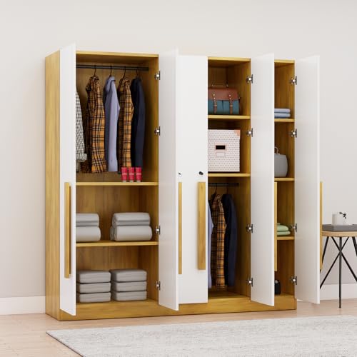 Image of Bniture 5 Door Wardrobe for Bedroom with Lockable Door & Hanging Space | Almirah for Clothes with Elevated Bottom Base | Wardrobe for Storage | 3 Years Warranty (Giant Wood & Frosty White, 5 Door)