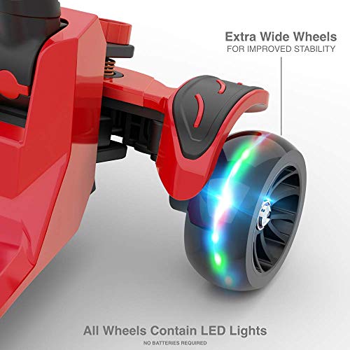 6KU Kick Scooter for Kids & Toddlers Girls or Boys with Adjustable Height, Lean to Steer, Flashing Wheels for Toy Children 3-8 Years Old Red