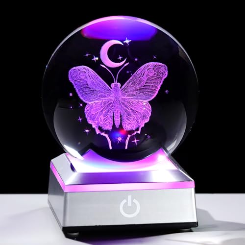 Image of 3D Crystal Butterfly Ball Gifts for Women, Gifts Ideas for Wife Mom Girlfriend Couple Her, Butterfly with Star Moon in Crystal Ball 3.15in with Colorful LED Light Base Home Office Decor