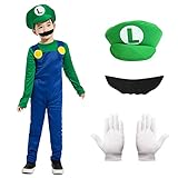 Alaiyaky Disfraz de Mario y Luigi para adultos y niños, disfraz de Mario Super Plomero, mono de Mario Bros, disfraz de cosplay con sombrero, disfraz de Mario para Halloween Carnaval (niños Luigi, S)