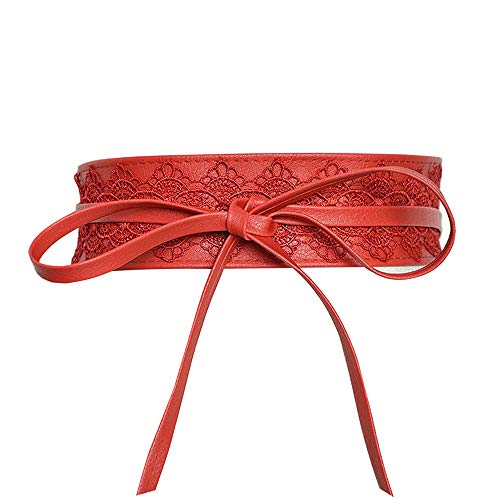 Women's Soft Leather with Lace Waist Belt Bow Tie Wrap Around Boho Corset Fashion Elegant for Dresses (Red)
