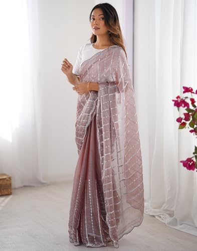 Image of SIRIL Women's Shimmer Chiffon Sequence Embroidery Saree With Unstitched Blouse Piece for Wedding and Parties
