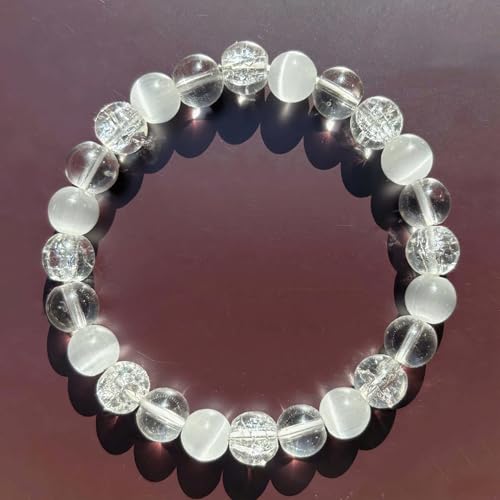 Anxiety Bracelets for Women Men White Crystal Cat's Eye Natural Stone Handmade Gemstones Crystal Elastic Adjustable Yoga Beads Bracelet Spiritual Jewelry Gifts