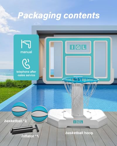 IGL Pool Basketball Hoop Outdoor, 44 Inch Outdoor Poolside Basketball Hoop, Base & Stand Double Water Storage with 2 Ball & Inflator, 18in Stainless Steel Basketball Rim, Fixed Height (44in Backboard)