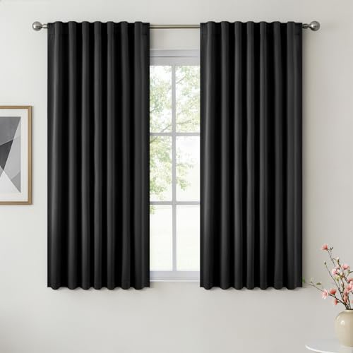 Image of ANRODUO Black Back Tab Blackout Curtains 63 Inch Long 2 Panels | Rod Pocket,Thermal Insulated Room Darkening Light Blocking Curtains for Living Room Bedroom Privacy,W42xL63