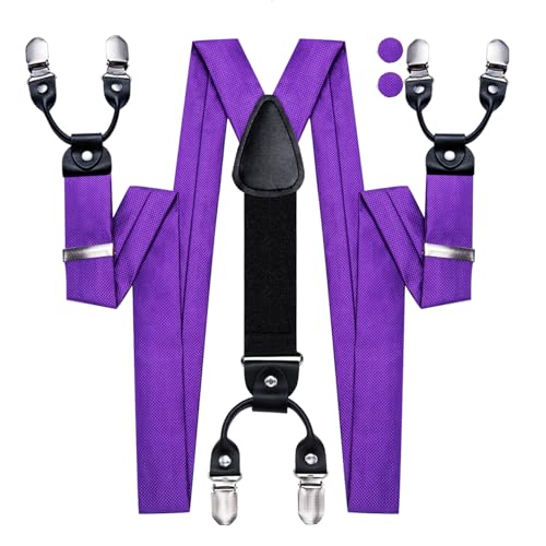 Image of Hi-Tie Men's Suspenders and Tie Set Silk Adjustable Elastic Y Braces with Strong 6 Clips Pocket Square Set