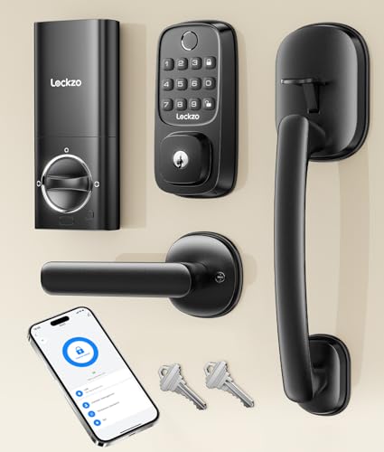 Smart Lock with Handle, Built-in WiFi Smart Locks for Front Door Set, Fingerprint Keyless Entry Door Lock with Electronic Deadbolt, App & Voice Control, Auto Locking (Black)