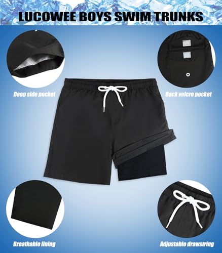 Image of Boys Swim Trunks with Boxer Brief Liner Compression Anti Chafe Swimming Shorts Stretchy UPF Quick Dry Swimsuit