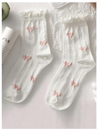 Image of SHENHE Women's 3 Pairs Knitted Crew Socks Ruffle Frilly Bow Patterned Soft Ankle Socks White One-Size