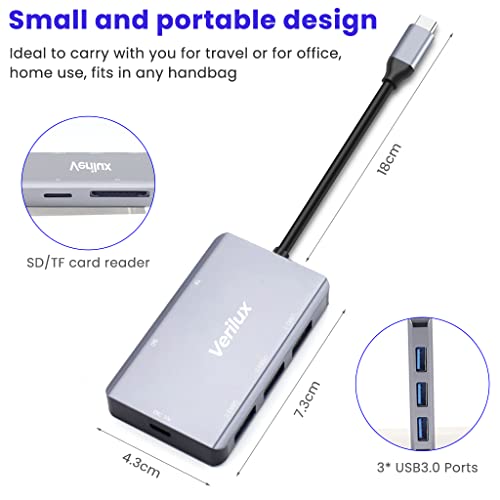 Image of Verilux 6 in 1 Portable Aluminum Type C Hub with TF /Micro SD Card Slot,3 USB 3.0 Ports DC 5V Charging Port Compatible for PC, Laptops,MacBook Pro /Air,Printer
