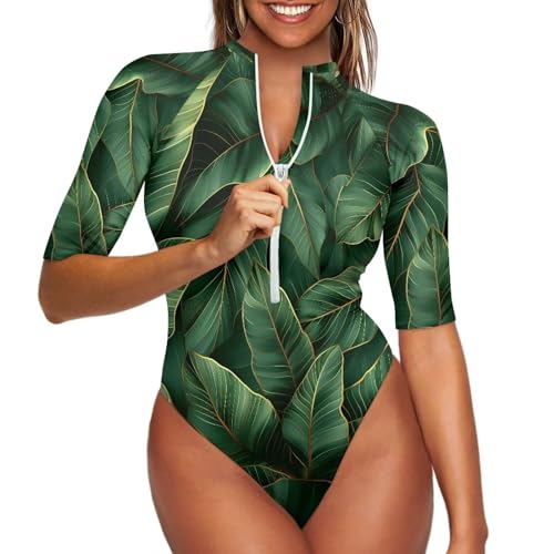 Women's One Piece Swimsuit High Cut Athletic Swimwear Half Sleeve Zipper Tummy Control Bathing Suits Size XS-2XL