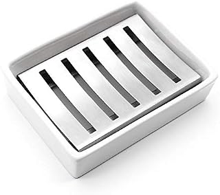 Soap Dish Holder, YOCZOX Stainless Steel Soap Holder with Ceramic Seat Silicone Anti-Slip Pads Nordic Style Soap Tray for Bathroom Shower Kitchen Organized, Double Layer Draining, Silver (B)
