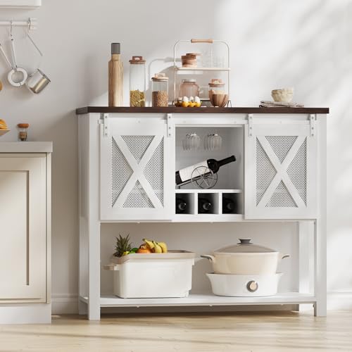 Image of Farmhouse Coffee Bar Cabinet with Storage, Sliding Barn Door Sideboard Buffet, Wine Bottle & Glass Storage Cabinet for Kitchen, Dining Room & Living Room,White