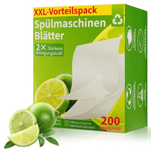 Spülmaschinen Blätter 200 Stück Spülmaschinenblätter Kraftvolle Reinigung gegen Fett & Hartnäckige Essensreste Spülmaschinentabs für Geschirrspüler Spühlmachaschinen Tabs Zitronengeschmack