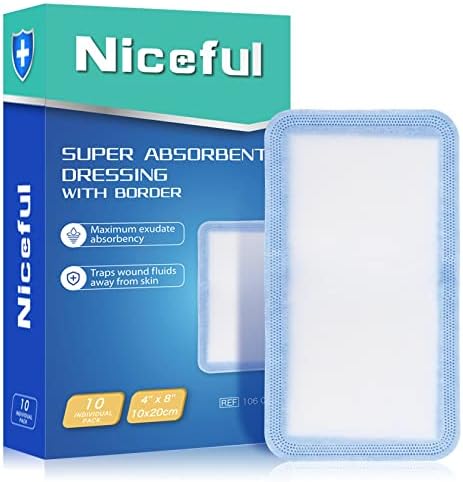 Niceful Super Absorbent Dressing 4"x 8", 5-Layer Absorbent Structure, HSA FSA Eligible, Large Surgical Pads Thick Absorbent Pads for Wound Care, 10 Individually Pack