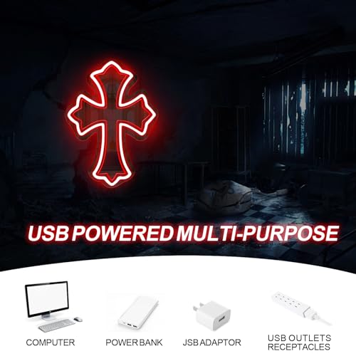 Image of Cross Gothic Y2K Cross Mirror Neon Sign Gothic Wall Decor | Corss Bedroom Mirror LED Light, Gift for Friends, USB Powered Dimmable Retro Wall Decoration, 16.5 inchx12 inch