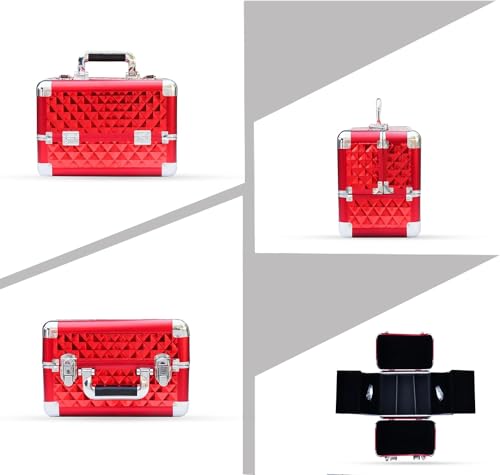 Image of Adson Professional Makeup Box Cosmetics Case Jewelry Organiser Vanity Make Up Storage Box Beauty Train Case Lockable with Keys (Candy Red)