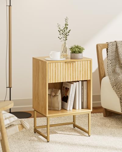 Image of Masupu Fluted Nightstand,Modern Night Stand Wood Bedside Table with Storage Drawer Side End Table for Bedroom,Office,Oak