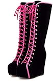 Aobaoya Women Platform High Heels Boot Height Increasing Round Toe Lace-Up Winter Knee High Wedges Boots (Pink, numeric_5_point_5)