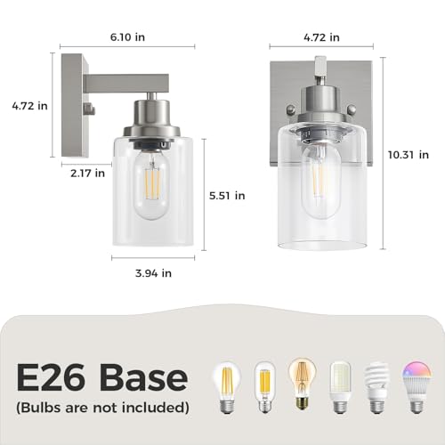 Image of Bathroom Wall Sconces Set of 2,Brushed Nickel Wall Sconce,Vanity Light with Clear Glass Wall Mounted Light Fixture,Farmhouse Wall Lamp for Bedroom Living Room Mirror Hallway