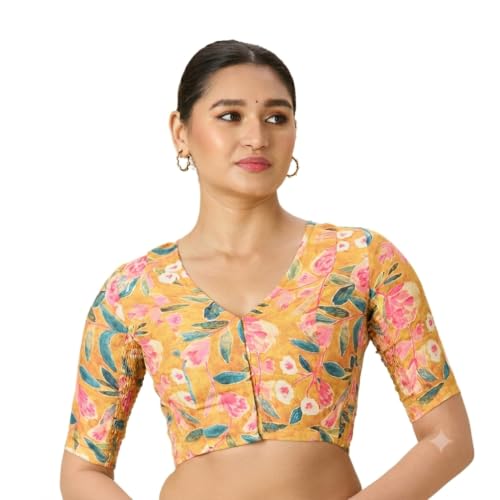 Image of Studio Shringaar Women's Cotton Floral Print Side Stretch (Smocked) Readymade Saree Blouse