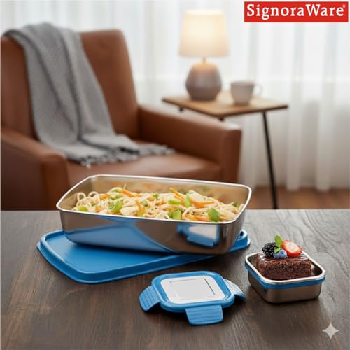 Image of SignoraWare Munch Mate Stainless Steel Lunch Box | Airtight & Leakproof | Durable & Compact | Easy to Carry | Ideal Tiffin for Office, School & Travel (550ml + 130ml | TBlue)