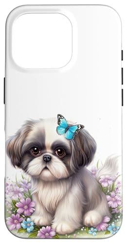 Cute Shih Tzu Puppy Watercolor Shih Tzu And Flowers Case for iPhone 16 Pro